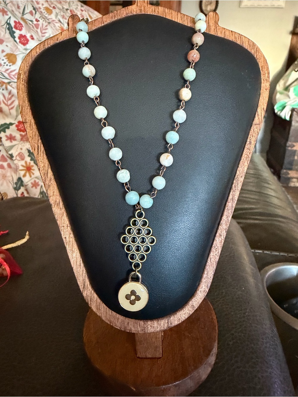 Hand Crafted Blue-Green Amazonite Bead Necklace with Antique Gold Pendant
